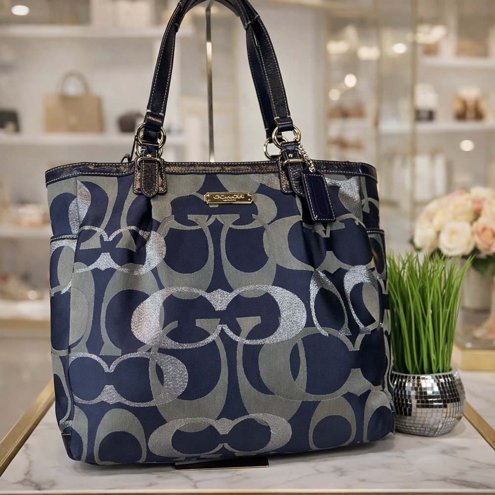 Coach Y2K Optic Art Signature Navy Blue‎ Silver Metallic Tote Shoulder Bag